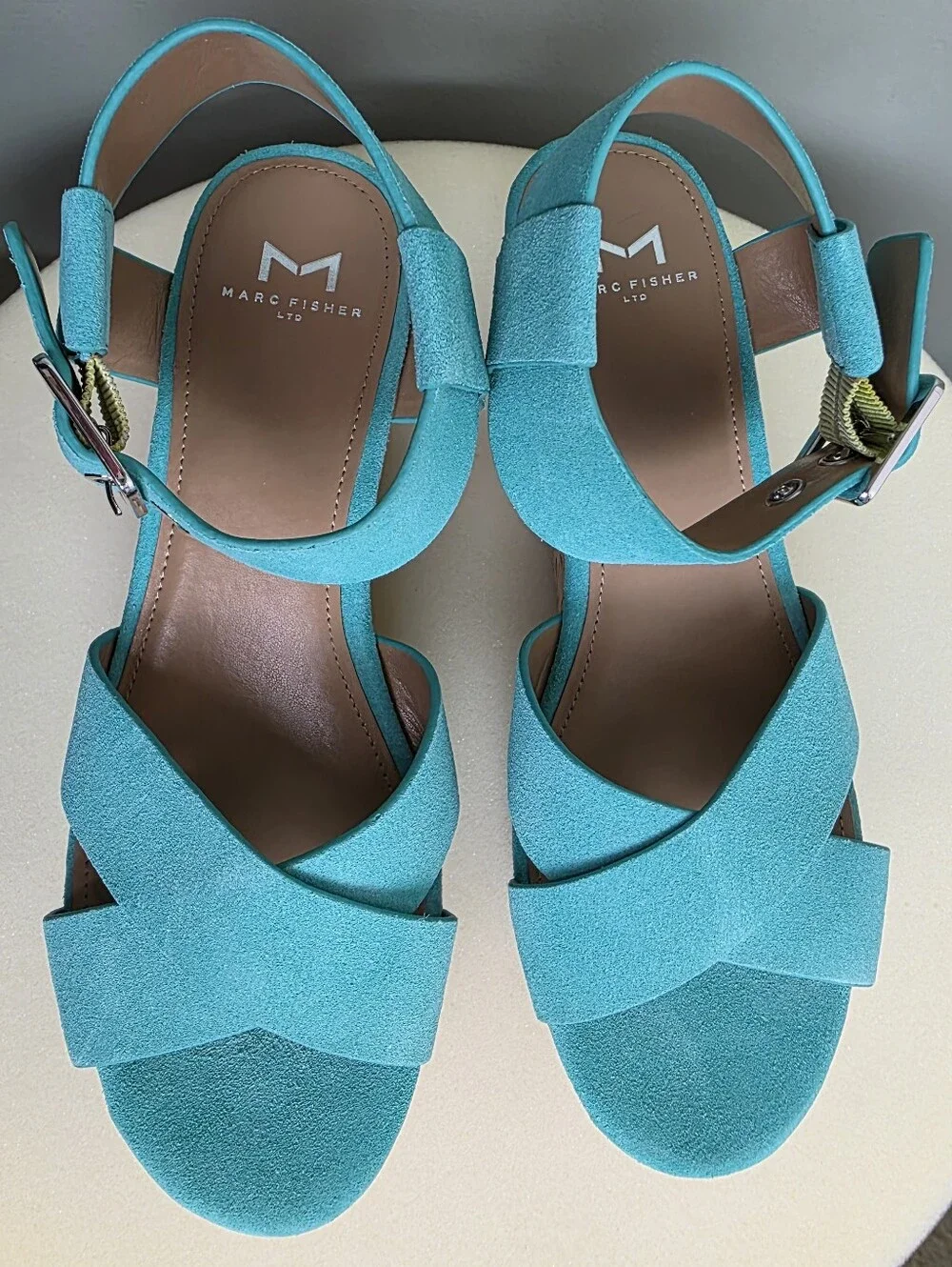 ​Marc Fisher LTD Cacie Light Green Suede Cork Platform Wedge Sandals Size 7.5 M